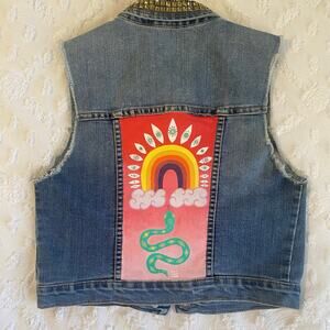 Hand Painted Denim Vest Festival Hippie Snake Rainbow Womens Size Small Art